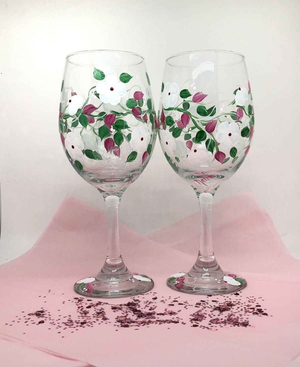 White Flowers Hand Painted Wine Glass (Set of 2)