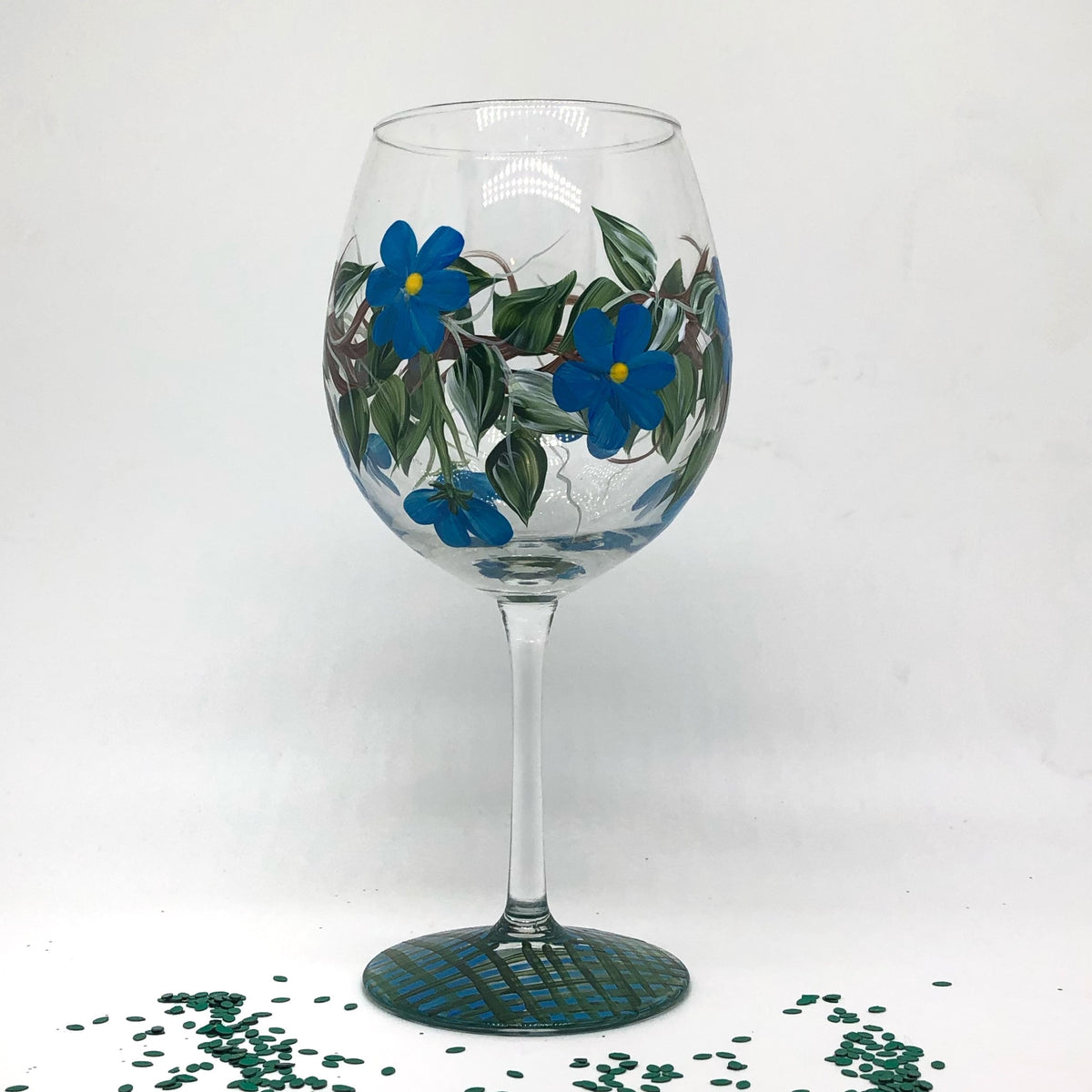 Hand Painted Blue Floral Wine Glass - (Single Glass) READY TO SHIP