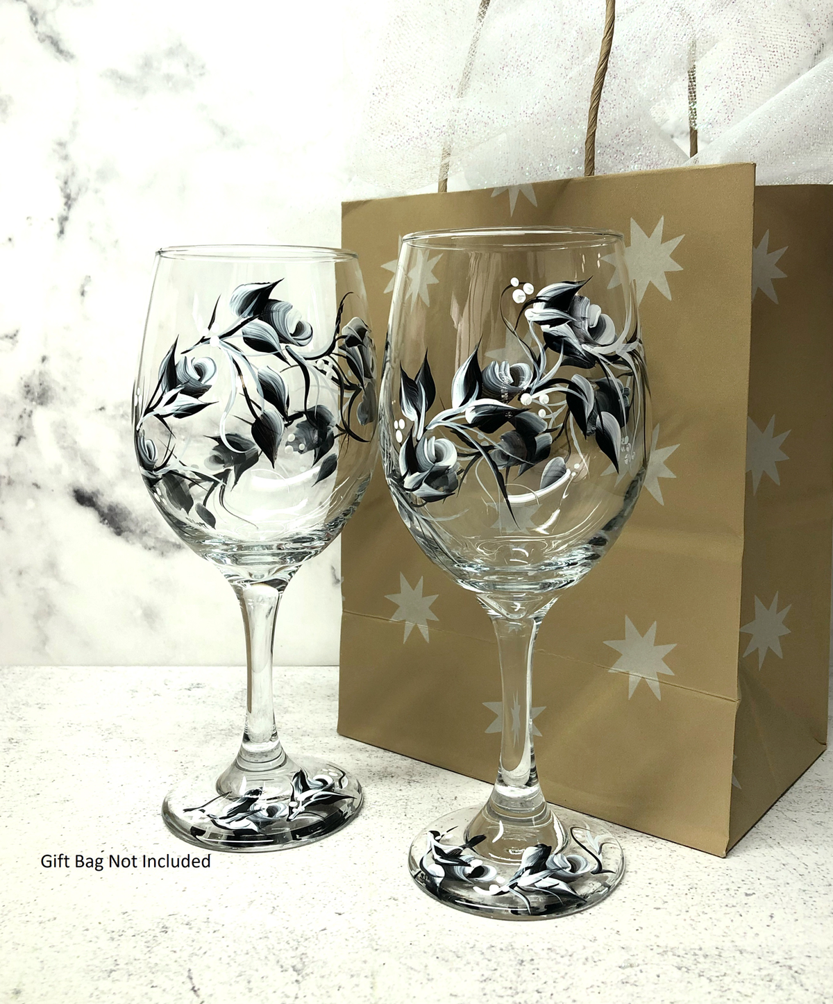 Black and White Rosebuds Wine Glasses (Set of 2)