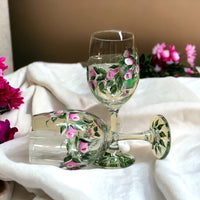 Hand Painted Wine Glasses - Pink Rosebuds Swirl (Set of 2)