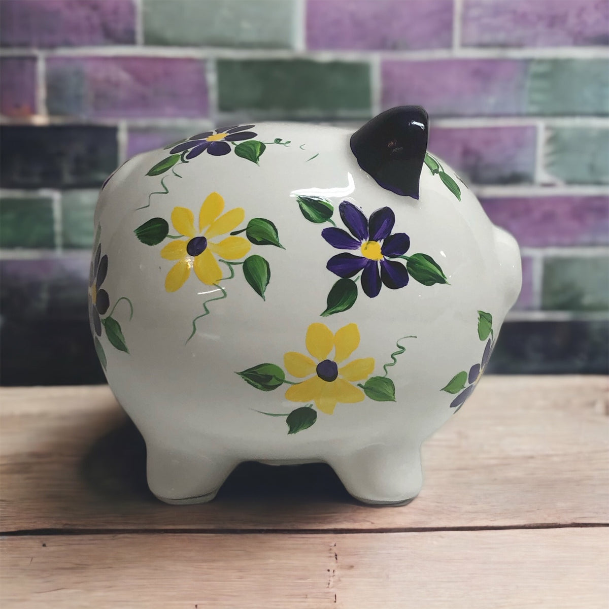 Ready to Ship Painted Floral Piggy Bank