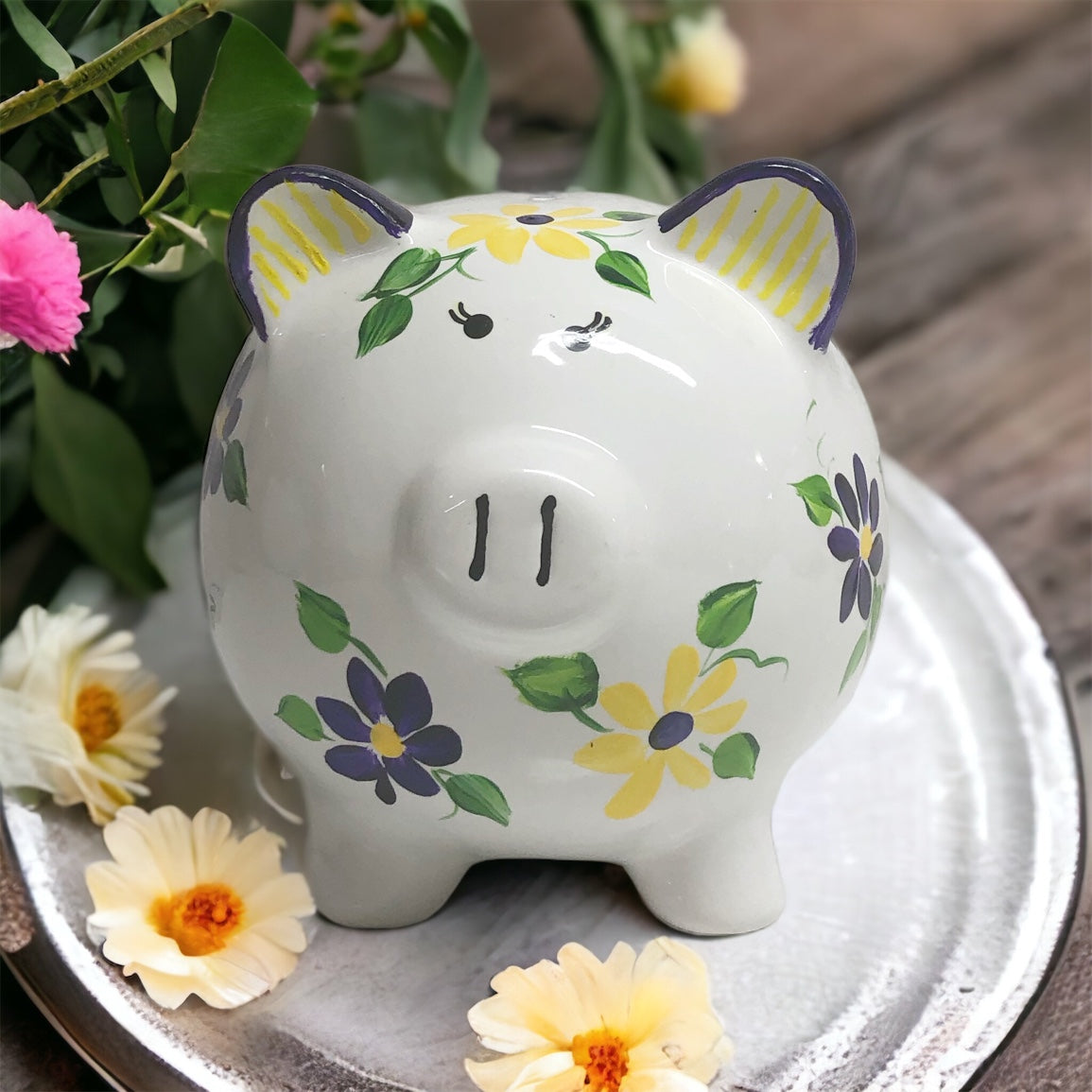 Ready to Ship Painted Floral Piggy Bank