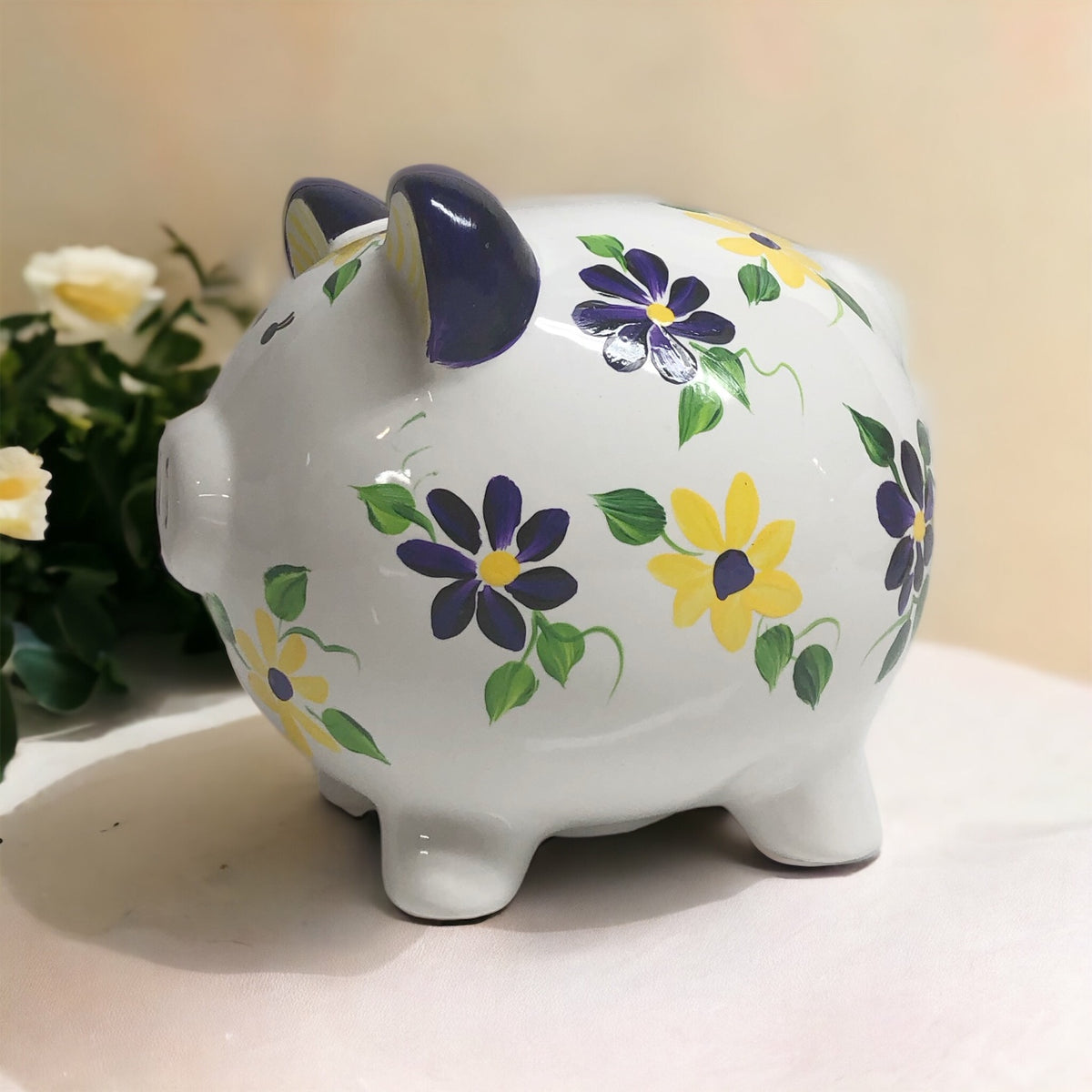 Ready to Ship Painted Floral Piggy Bank