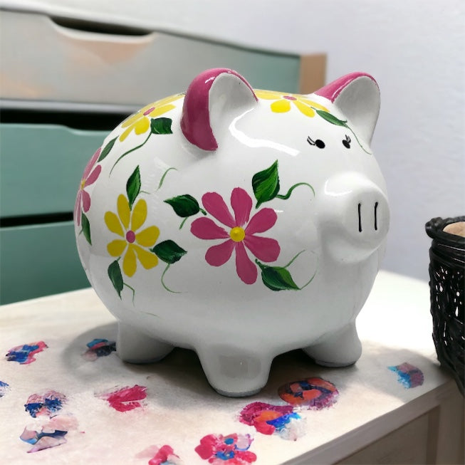 Personalized Pink & Yellow Floral Piggy Bank