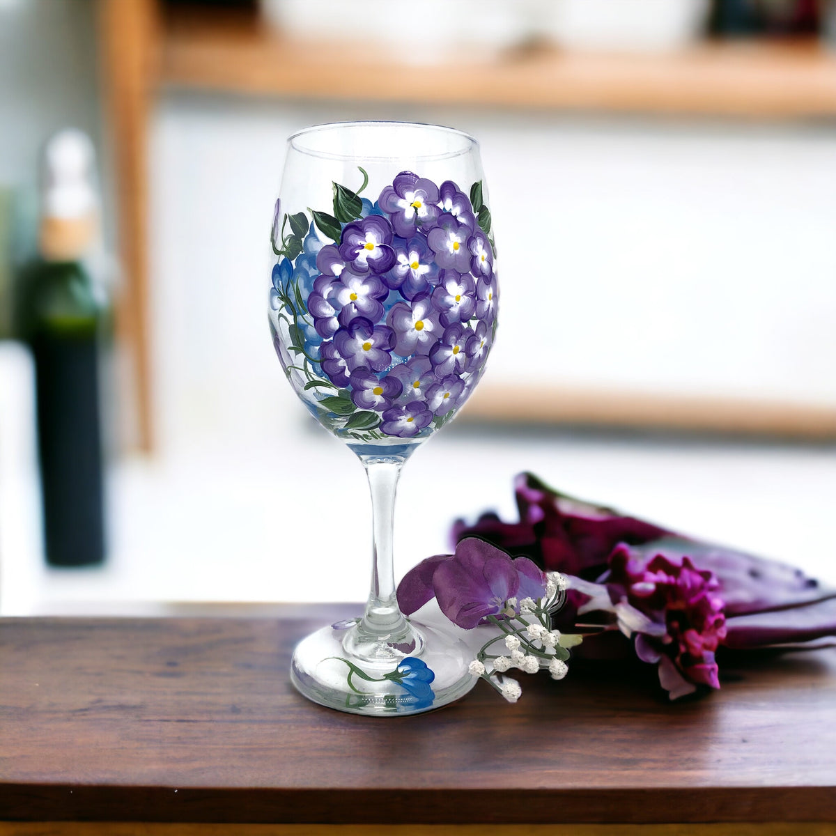 Hand Painted Hydrangea Wine Glasses in Blue and Lavender (Single Glass)