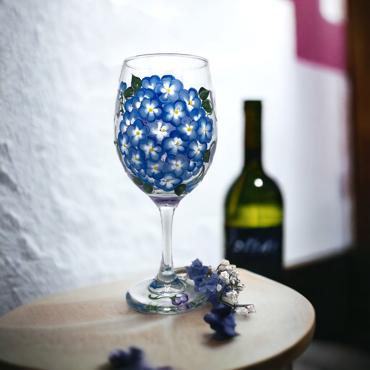 Hand Painted Hydrangea Wine Glasses in Blue and Lavender (Single Glass)