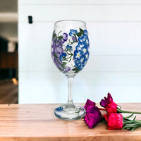 Hand Painted Hydrangea Wine Glasses in Blue and Lavender (Single Glass)