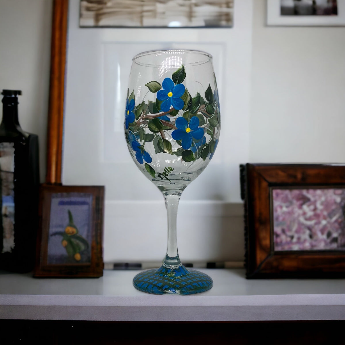 Hand Painted Blue Floral Wine Glasses (Single Glass)