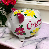 Personalized Pink & Yellow Floral Piggy Bank