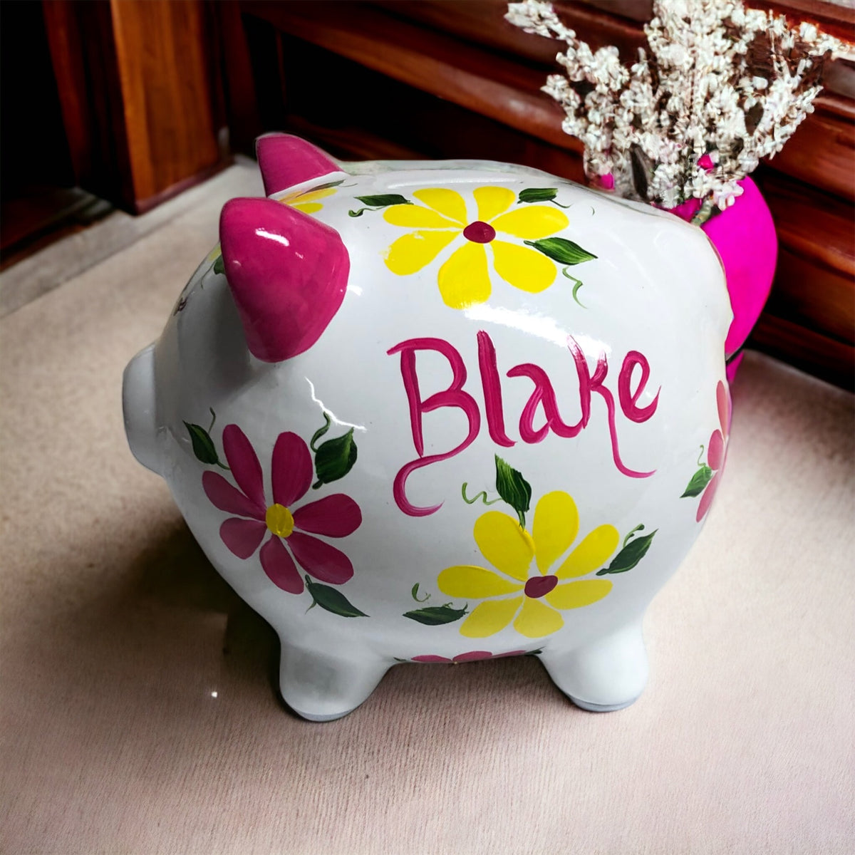 Personalized Pink & Yellow Floral Piggy Bank