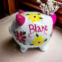 Personalized Pink & Yellow Floral Piggy Bank