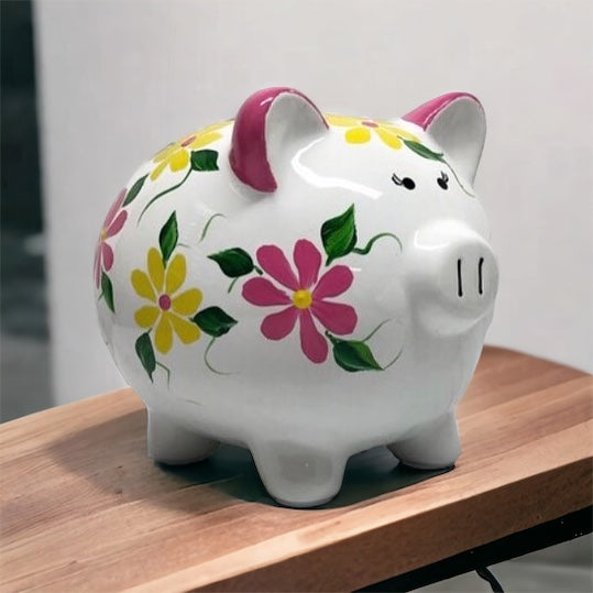 Personalized Pink & Yellow Floral Piggy Bank