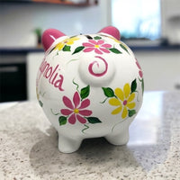 Personalized Pink & Yellow Floral Piggy Bank