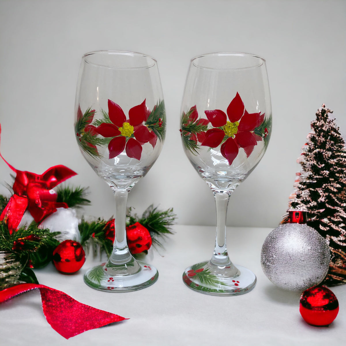 Hand Painted Poinsettia Wine Glasses (set of 2)
