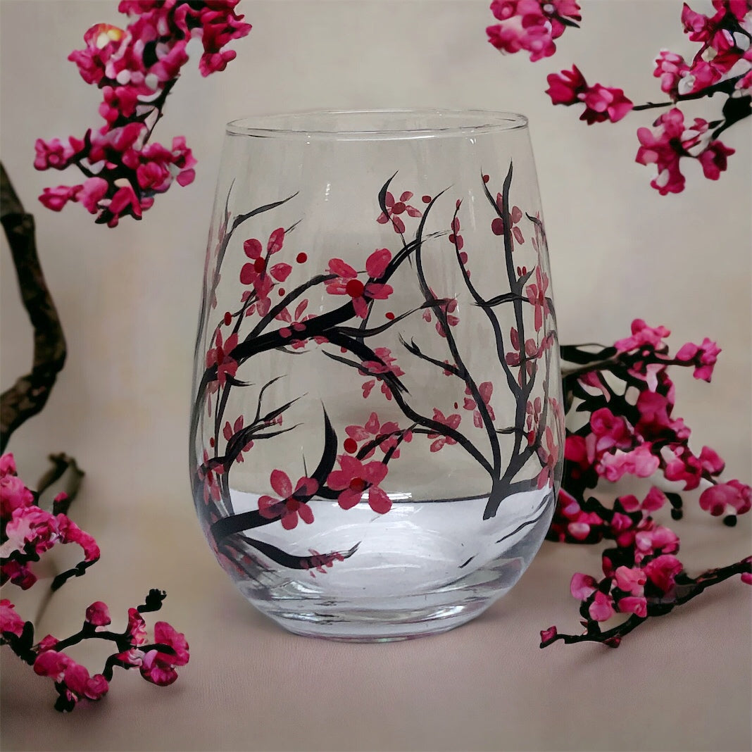 Hand Painted Cherry Blossom Stemless Wine Glass (Single Glass)