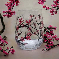 Hand Painted Cherry Blossom Stemless Wine Glass (Single Glass)