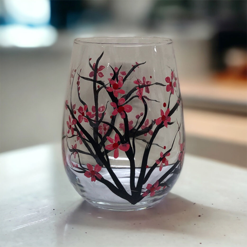 Hand Painted Cherry Blossom Stemless Wine Glass (Single Glass)