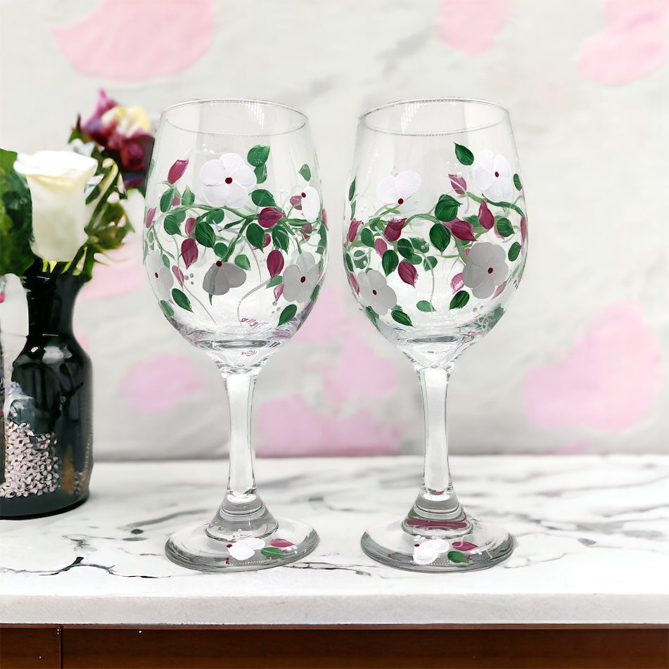White Flowers Hand Painted Wine Glass (Set of 2)