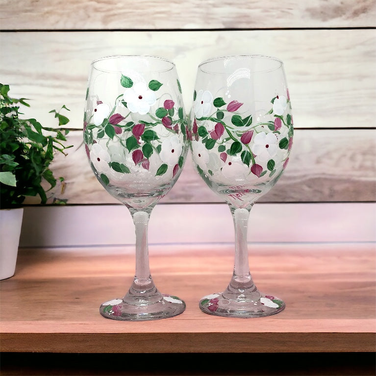 White Flowers Hand Painted Wine Glass (Set of 2)
