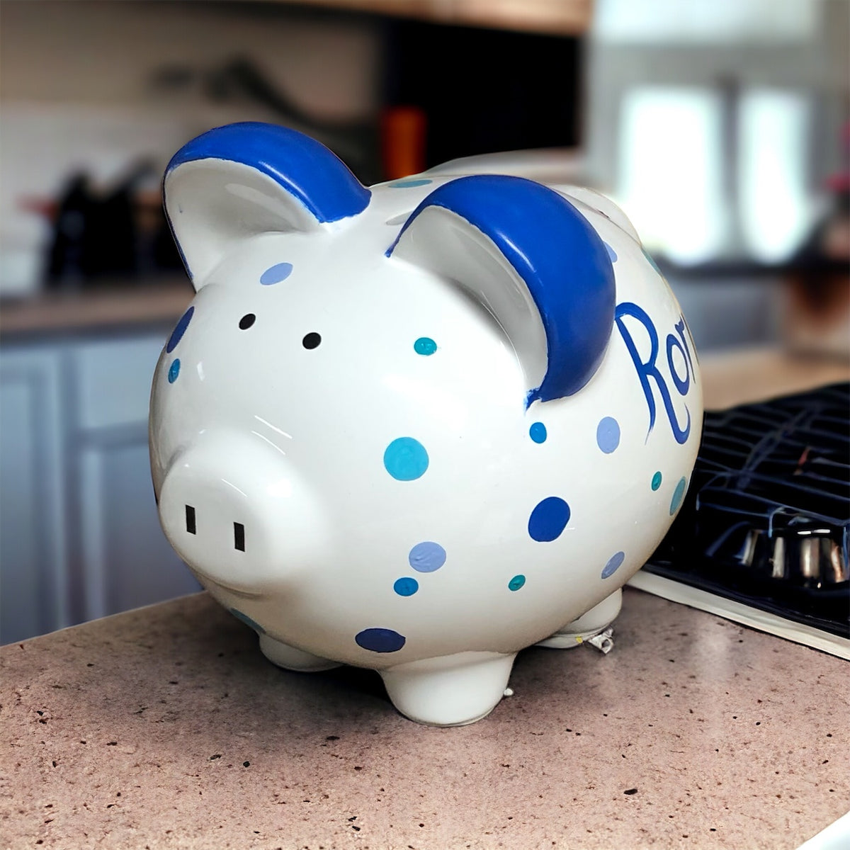 Personalized Blue Dots Piggy Bank