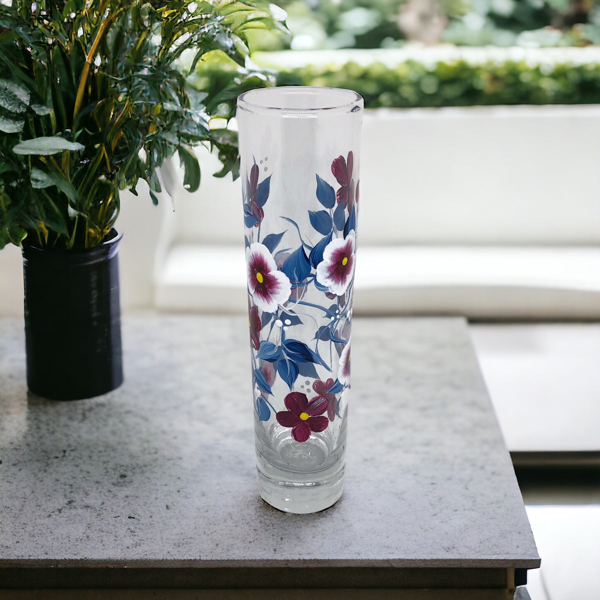 Hand Painted Blue and Burgundy Floral Bud Vase