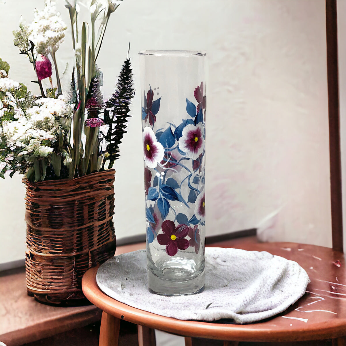 Hand Painted Blue and Burgundy Floral Bud Vase