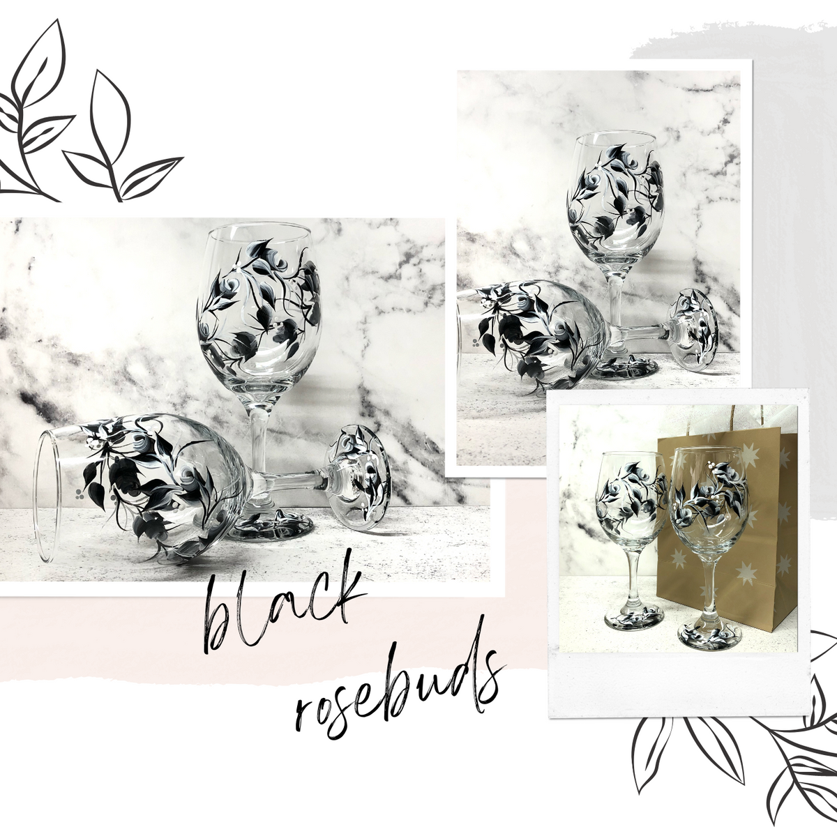 Black and White Rosebuds Wine Glasses (Set of 2)