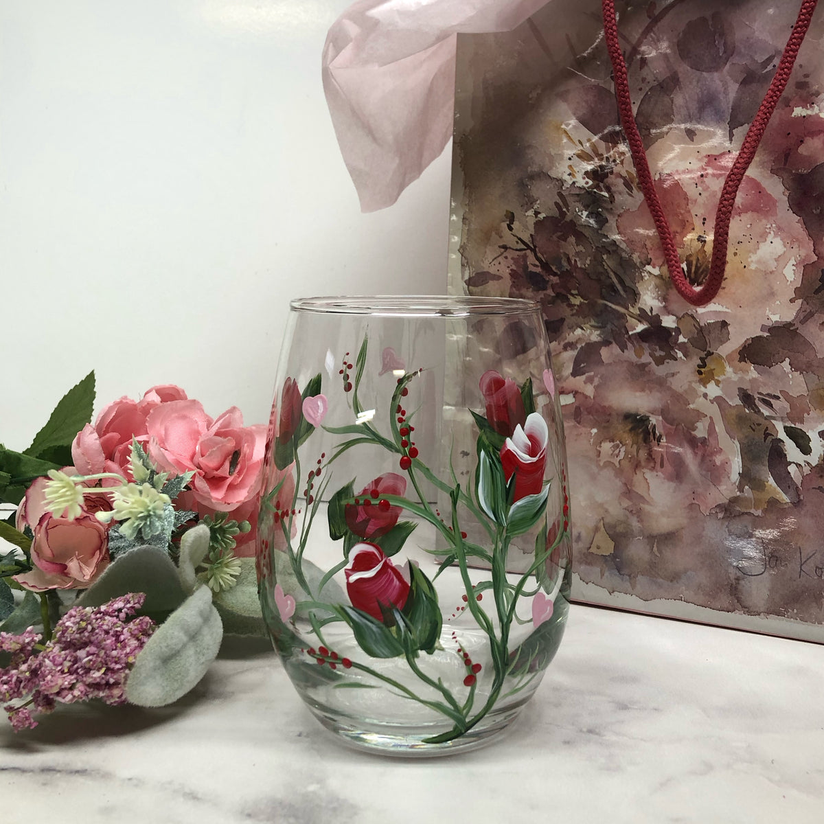 Hand Painted Red Roses Valentine Wine Glass