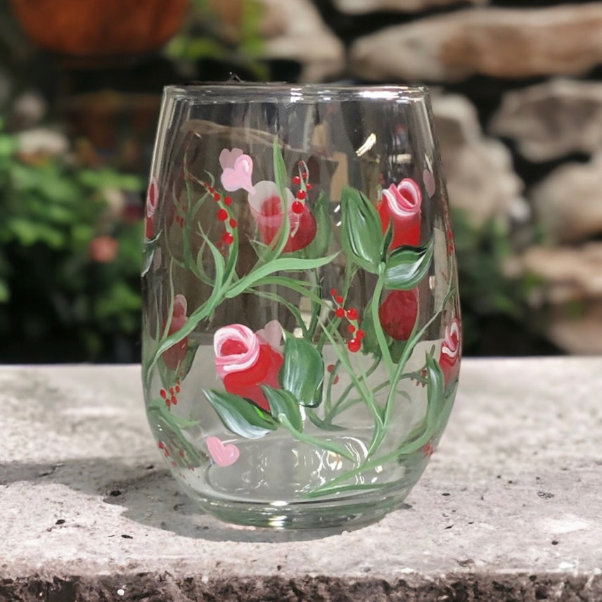Hand Painted Red Roses Valentine Wine Glass