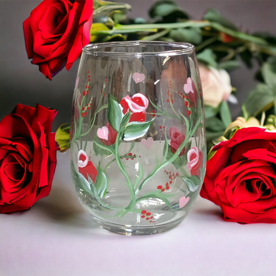 Hand Painted Red Roses Valentine Wine Glass