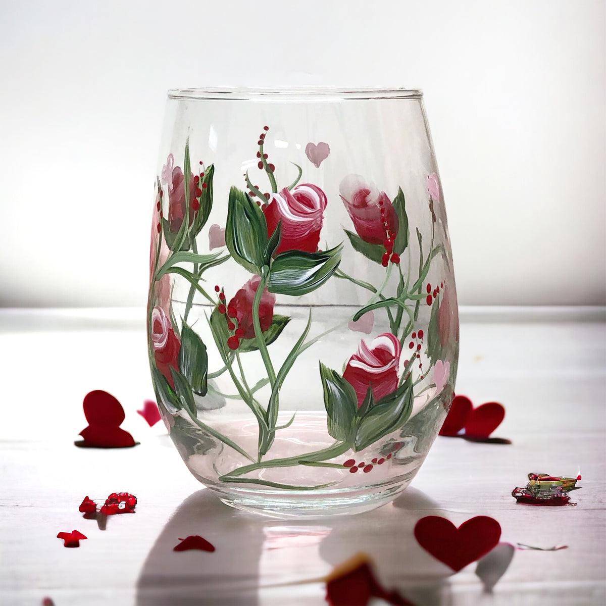 Hand Painted Red Roses Valentine Wine Glass