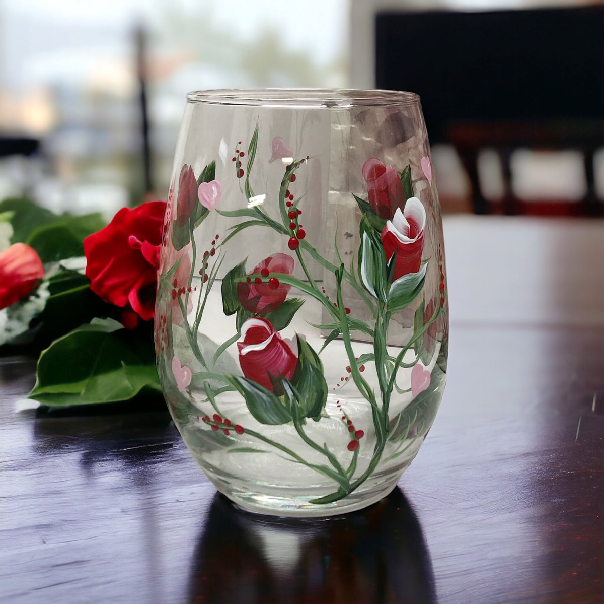 Hand Painted Red Roses Valentine Wine Glass