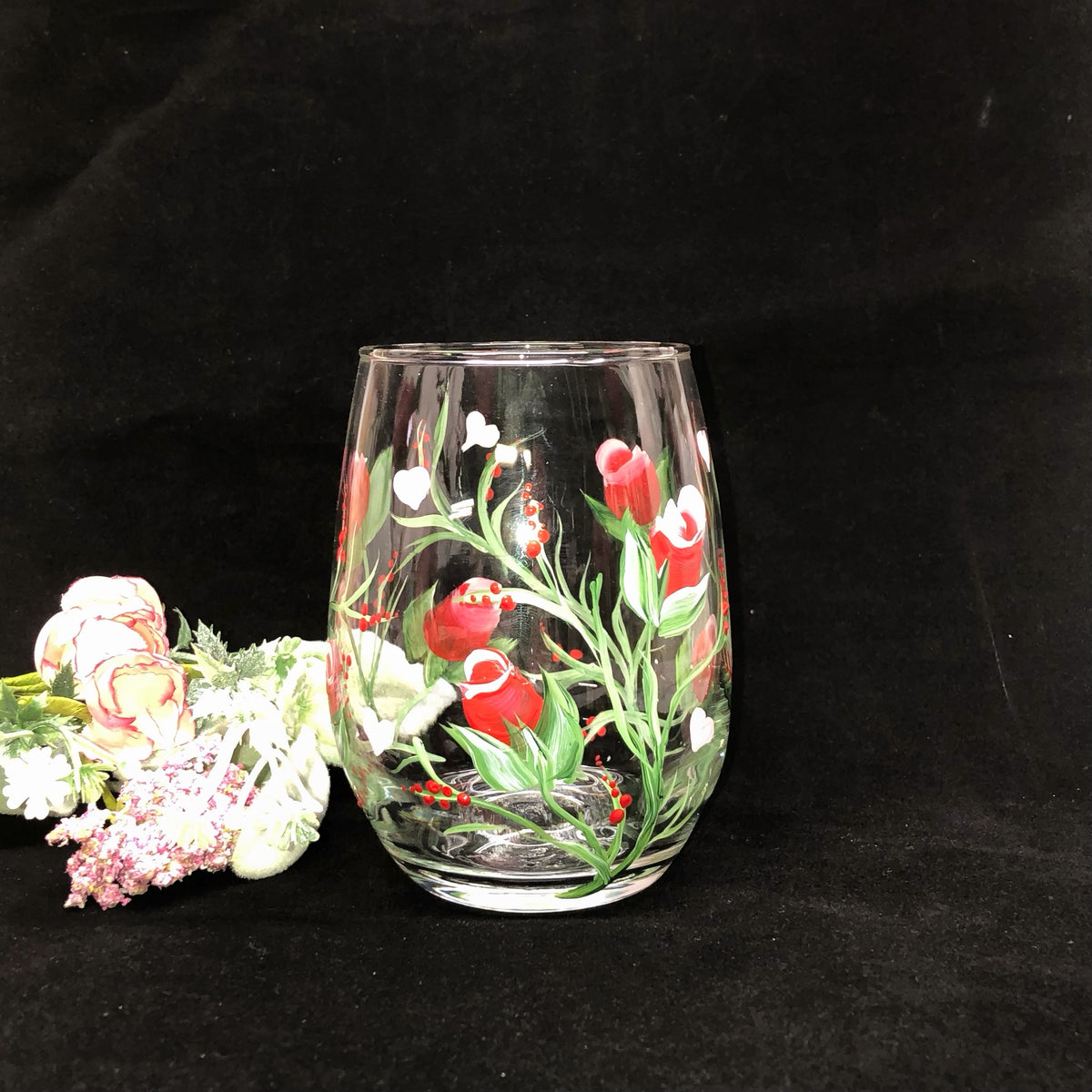 Hand Painted Red Roses Valentine Wine Glass