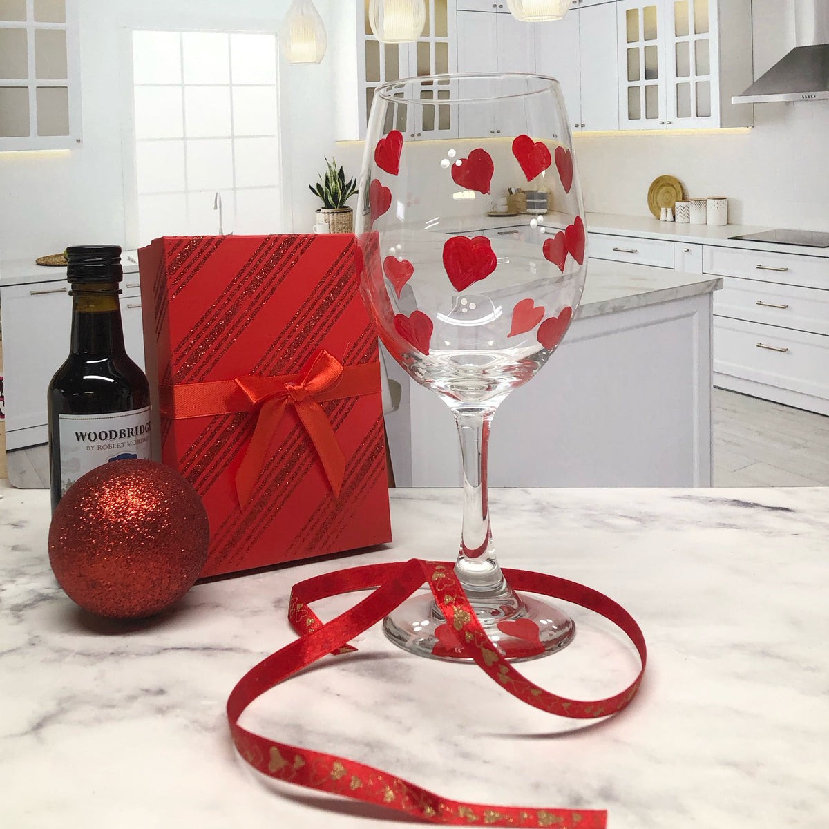 Hand Painted Red Hearts Valentine Wine Glass