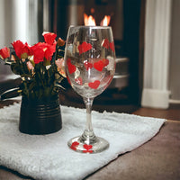 Hand Painted Red Hearts Valentine Wine Glass
