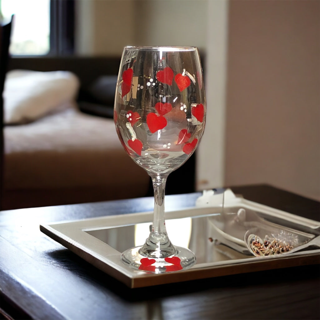 Hand Painted Red Hearts Valentine Wine Glass