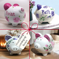 Personalized Pink Rosebud Piggy Bank