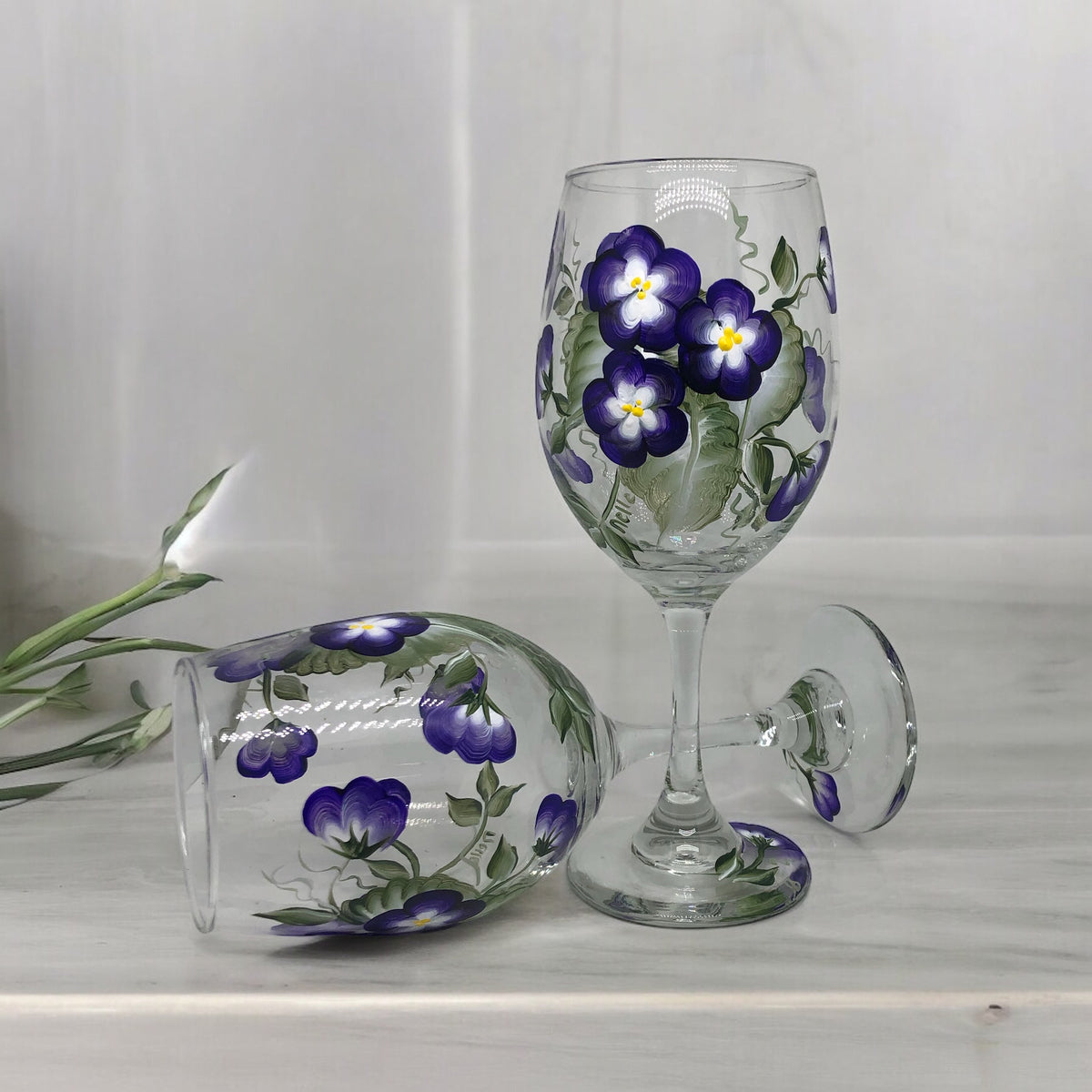 Hand Painted Violet Floral Wine Glasses (Set of 2)