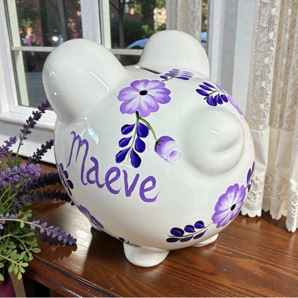 Personalized Lavender Floral Piggy Bank