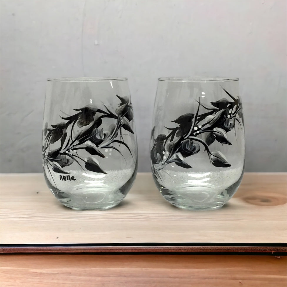 Hand Painted Black Rosebuds Stemless Wine Glasses (Set of 2)