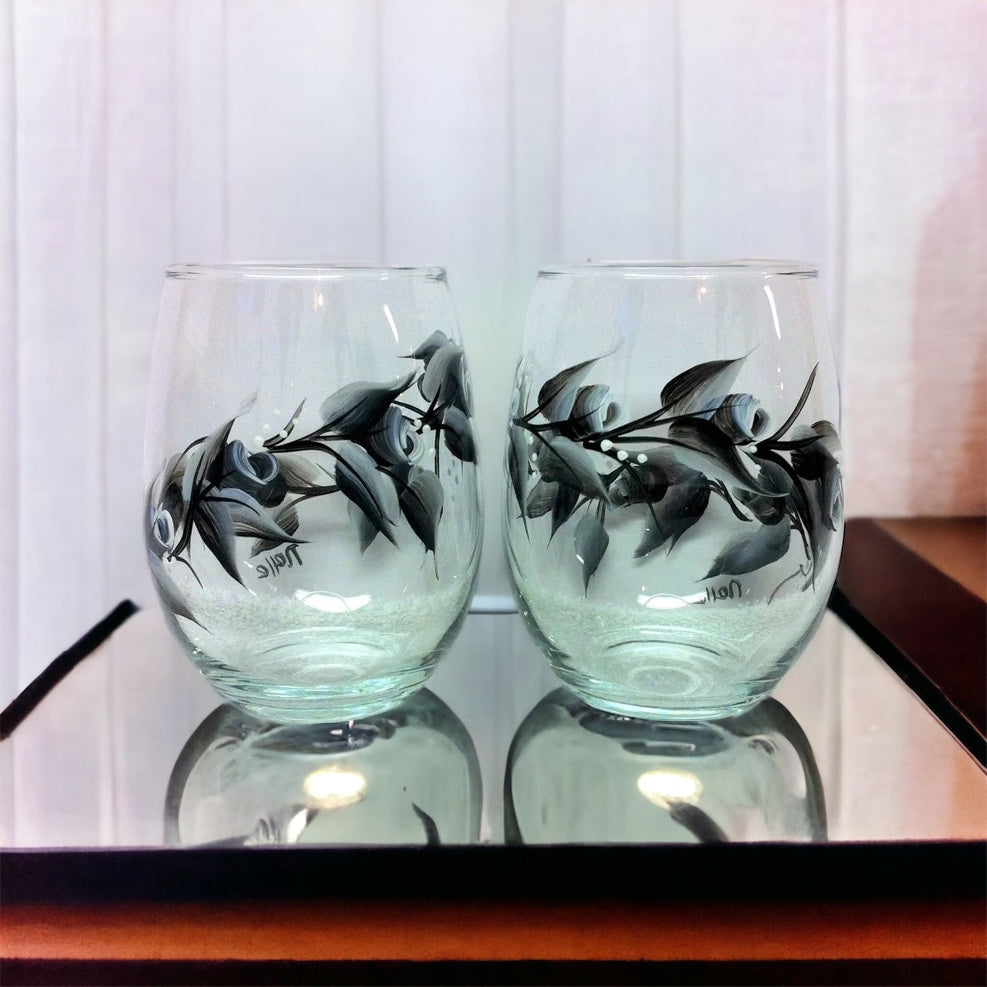 Hand Painted Black Rosebuds Stemless Wine Glasses (Set of 2)