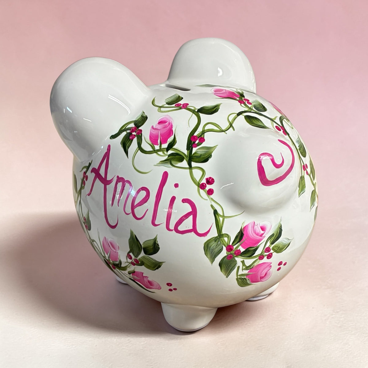 Personalized Pink Rosebud Piggy Bank