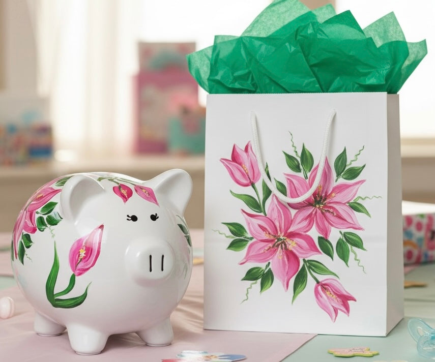 Personalized Pink Lilies Piggy Bank
