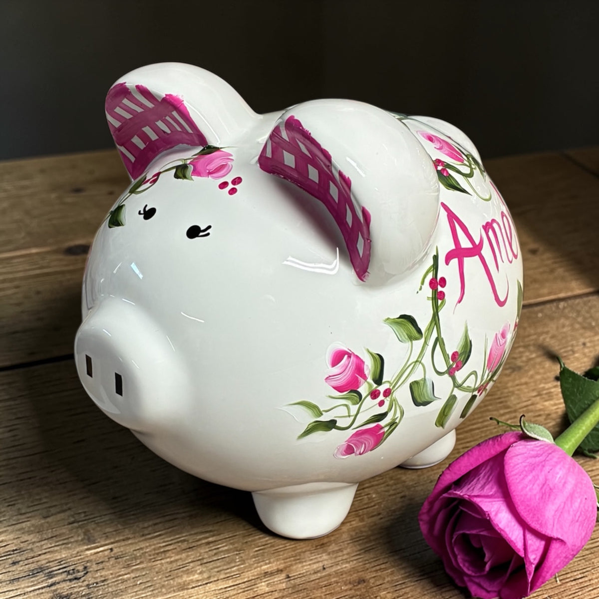 Personalized Pink Rosebud Piggy Bank