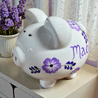 Personalized Lavender Floral Piggy Bank