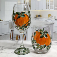 Autumn Pumpkins Hand Painted Stemless Wine Glass (Single Glass)