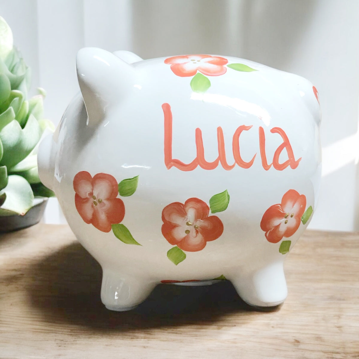 Personalized Peach Floral Piggy Bank