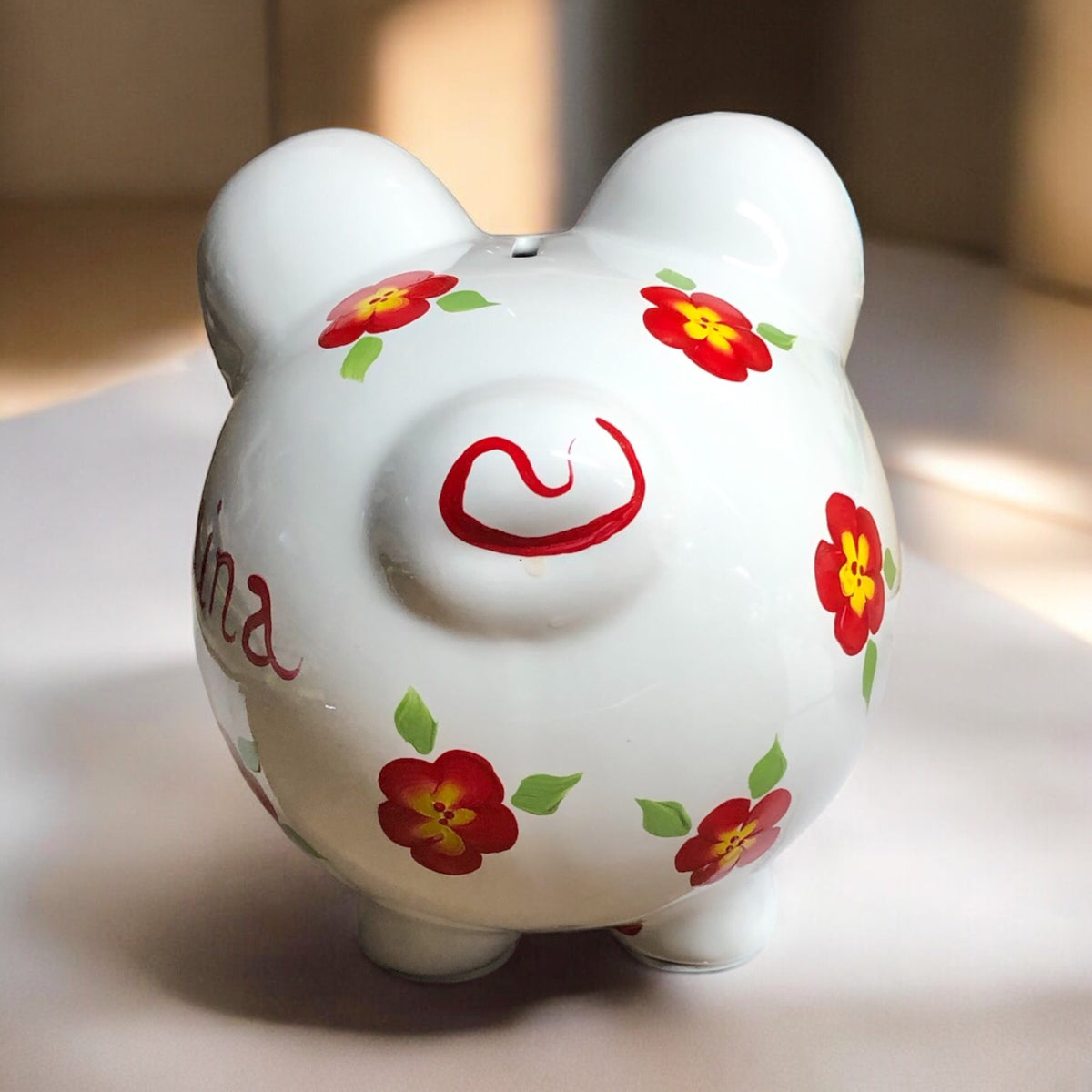 Personalized Red Floral Piggy Bank