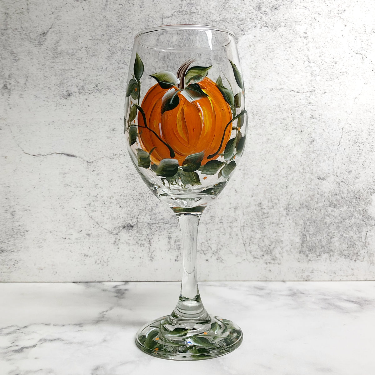 Autumn Pumpkins Hand Painted Stemmed Wine Glass (Single Glass)