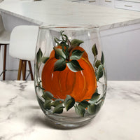 Autumn Pumpkins Hand Painted Stemless Wine Glass (Single Glass)